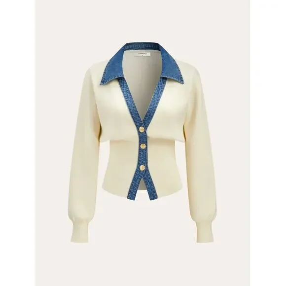 NWT Women's Commense Denim Collar Metal Button V-Neck Knit Top Sz XL - Picture 1 of 2